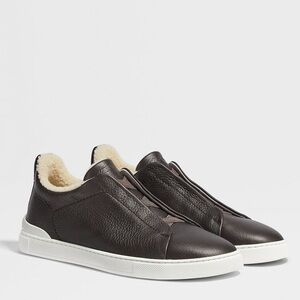 Zegna - Triple Stitch Shearling-Lined Full-Grain Leather Slip-On Sneakers